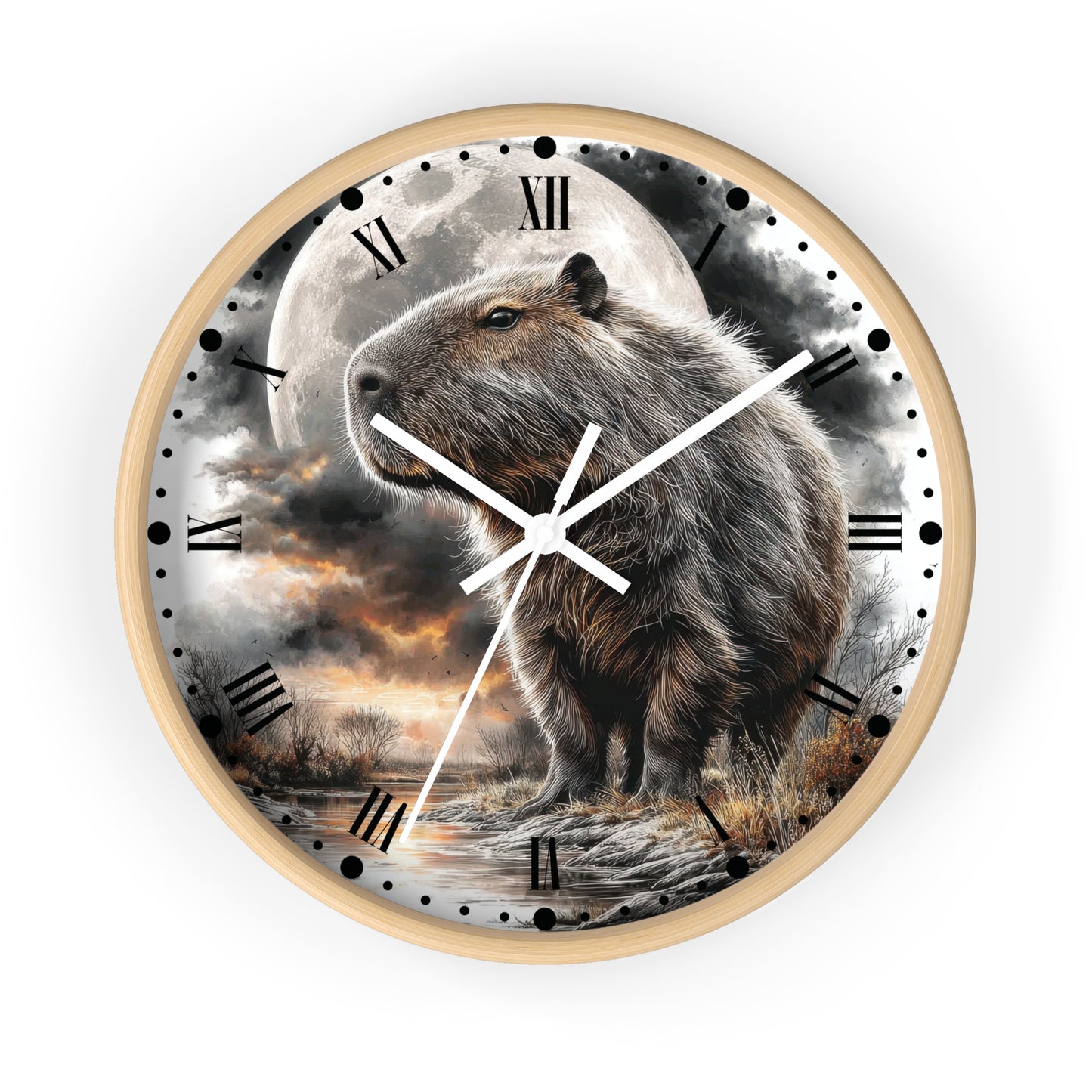 A round wall clock with a light wood frame and a printed scenic dial featuring a capybara standing in front of a large full moon and dramatic clouds. The clock face includes black Roman numerals, black hour markers with dots, and white clock hands.