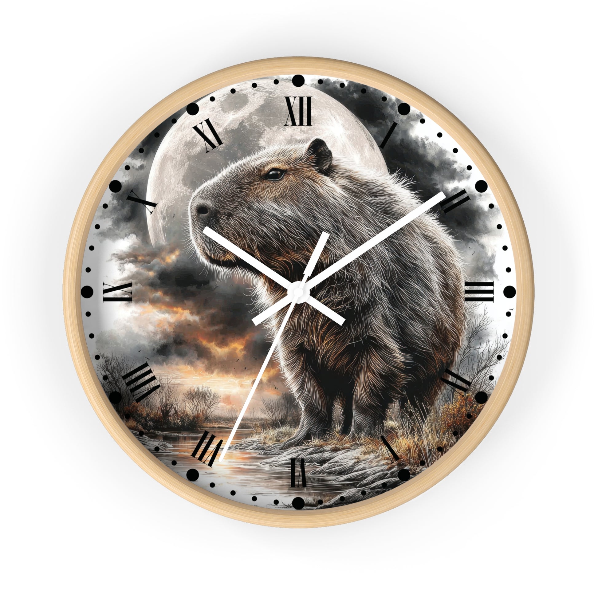 A round wall clock with a light wood frame and a printed scenic dial featuring a capybara standing in front of a large full moon and dramatic clouds. The clock face includes black Roman numerals, black hour markers with dots, and white clock hands.