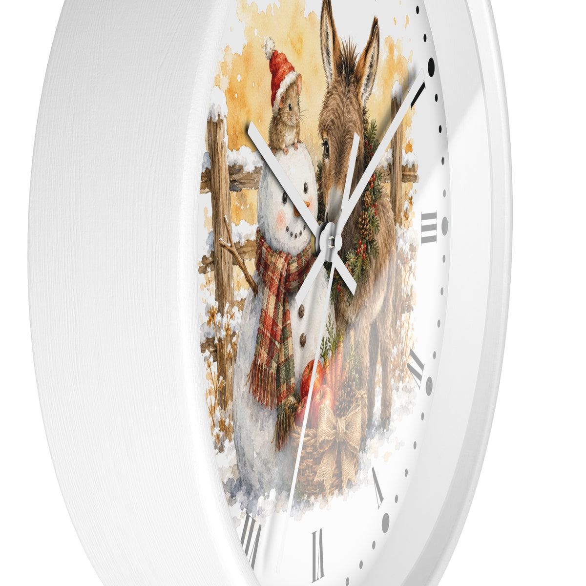 A white round wall clock featuring a festive winter illustration of a rabbit in a Santa hat and a snowman with a red plaid scarf, set against a snowy scene with a wooden fence.