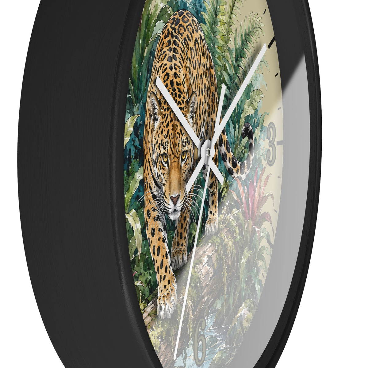 A round wall clock with a black frame and a printed design of a leopard walking through lush green jungle foliage. The clock face has a cream background with black Arabic numerals and white hands.