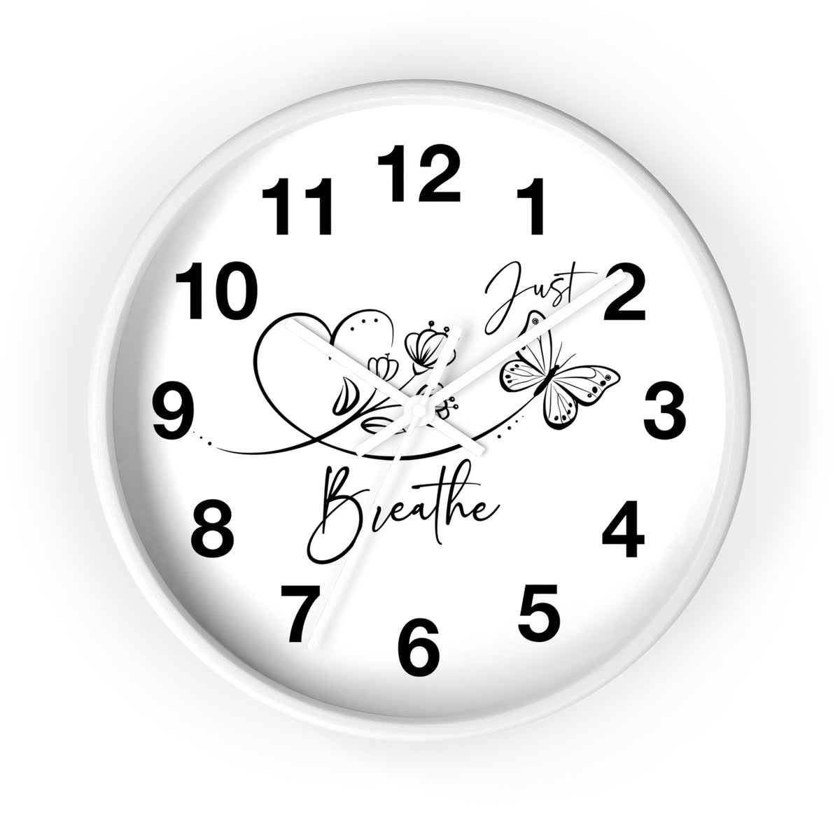 Motivational Wall Clock — "Just Breathe" Minimalist Floral Butterfly Clock