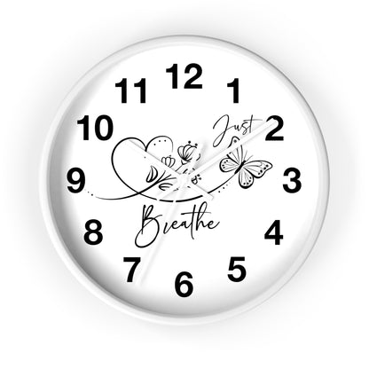 Motivational Wall Clock — "Just Breathe" Minimalist Floral Butterfly Clock