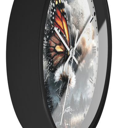 A round wall clock with a black frame and a printed dial featuring a butterfly over a snowy landscape and dandelion design, shown on a white background.