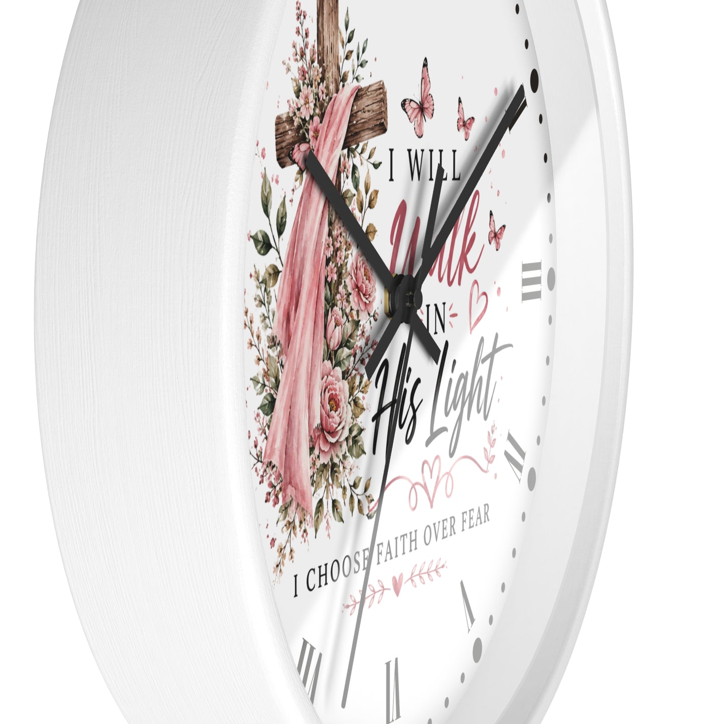 I Will Walk in His Light Wall Clock — Floral Cross Christian Cancer Awareness Gift