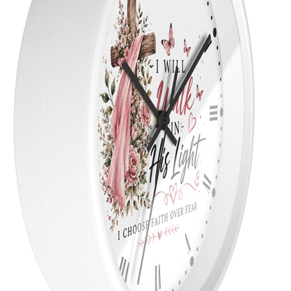 I Will Walk in His Light Wall Clock — Floral Cross Christian Cancer Awareness Gift