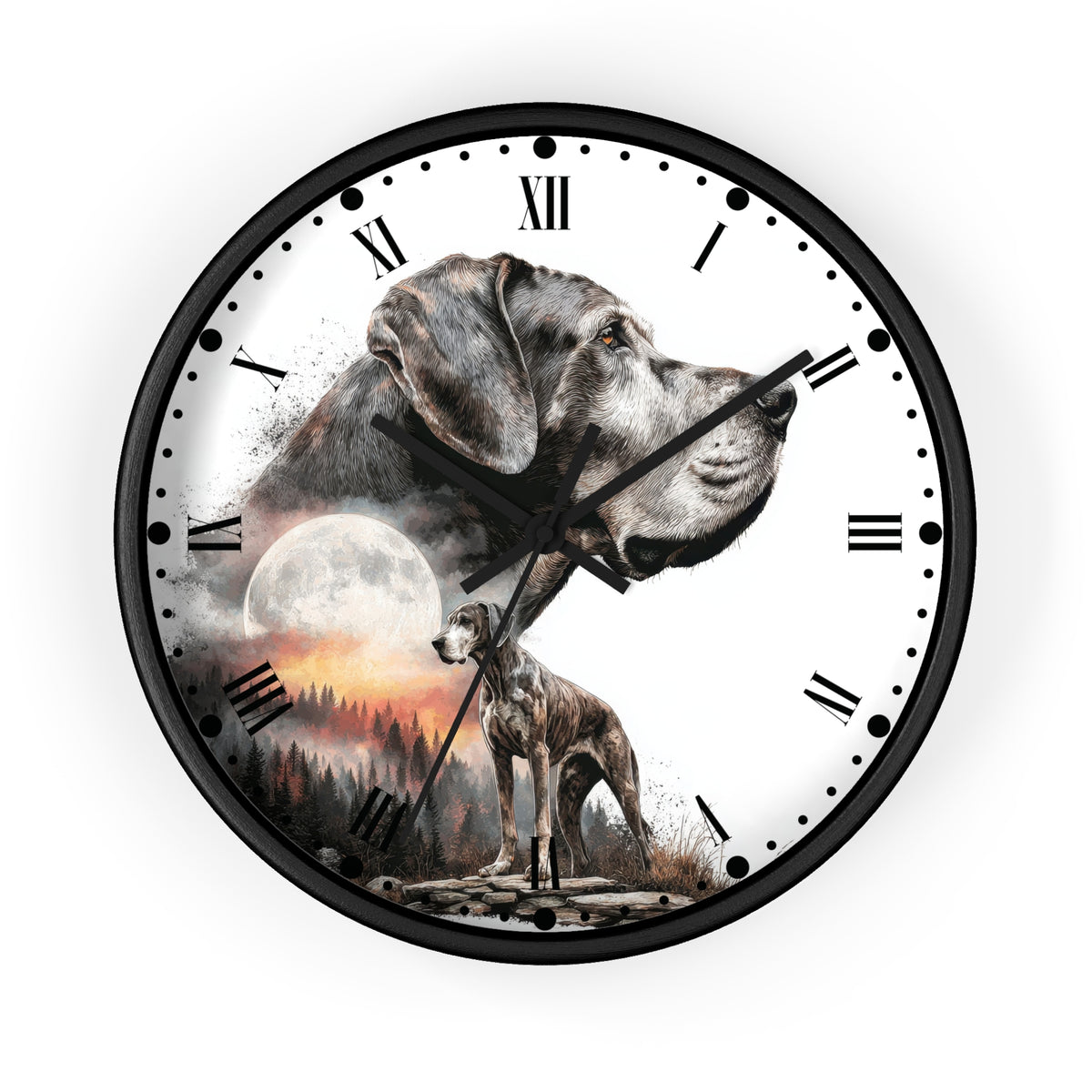 A round wall clock with a black frame and a white face featuring a large painted dog portrait, a smaller dog standing in a forest, a full moon, and Roman numerals.