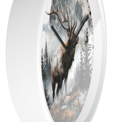 Round wall clock with a white frame and a printed design of a large elk standing in a misty forest under a cloudy sky.