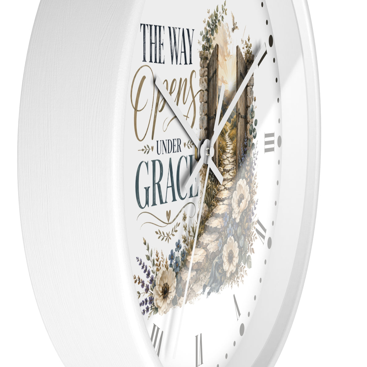 Rustic Floral Inspirational Wall Clock - "The Way Opens Under Grace"  Christian Home Decor