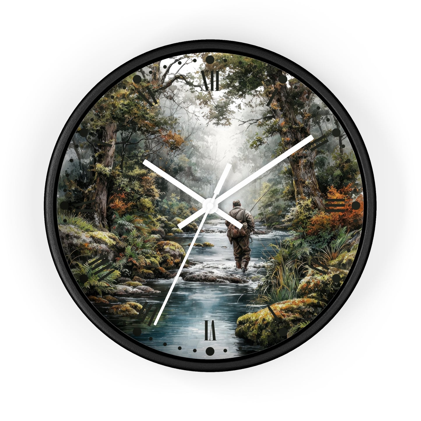 Round wall clock with a black frame and a printed scenic dial showing a person wading through a stream in a forest. The clock has white hands and black Roman numeral markers, photographed against a plain white background.