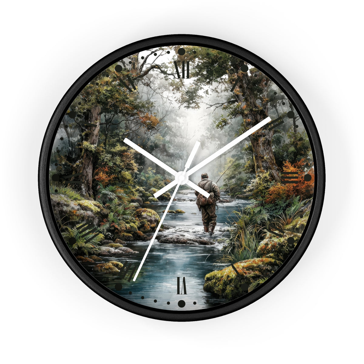 Round wall clock with a black frame and a printed scenic dial showing a person wading through a stream in a forest. The clock has white hands and black Roman numeral markers, photographed against a plain white background.