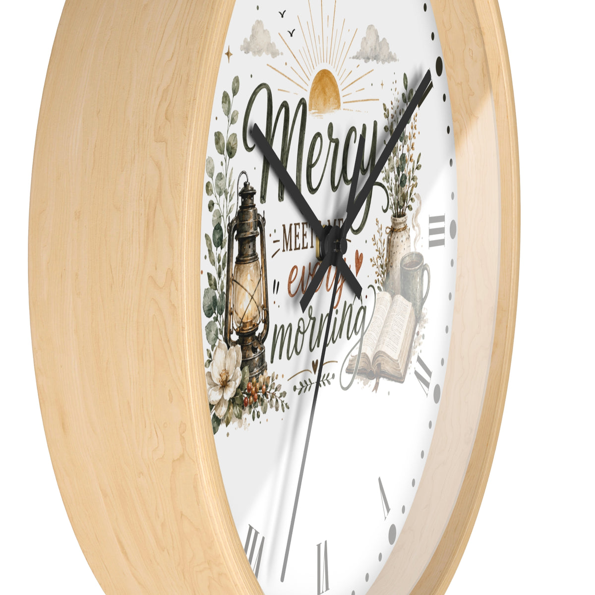 Mercy Meets Every Morning Wall Clock — Rustic Christian Inspirational Decor
