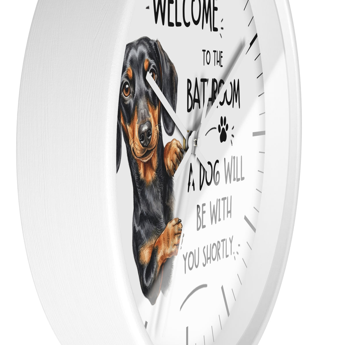 Peeking Dachshund Bathroom Wall Clock — Funny Dog Will Be With You Shortly