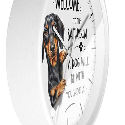 Peeking Dachshund Bathroom Wall Clock — Funny Dog Will Be With You Shortly