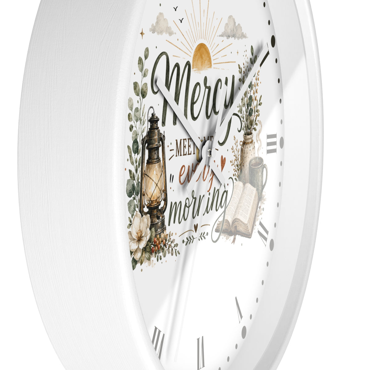 Mercy Meets Every Morning Wall Clock — Rustic Christian Inspirational Decor