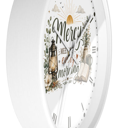 Mercy Meets Every Morning Wall Clock — Rustic Christian Inspirational Decor