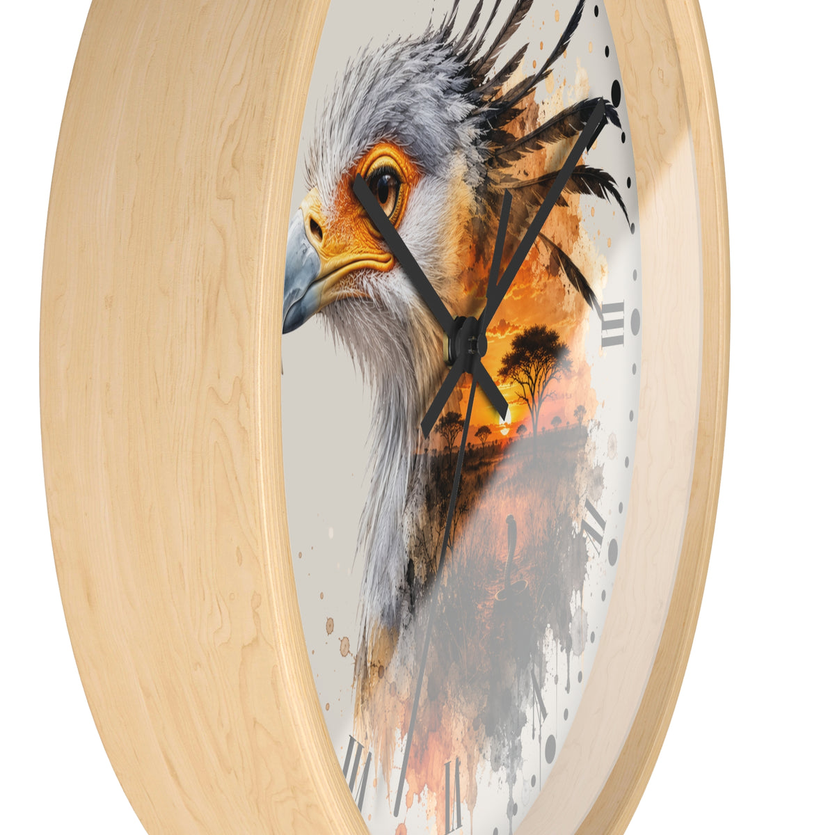 Round wall clock with a light natural wood frame and a printed face featuring a close-up bird illustration in gray, orange, yellow, and black tones.