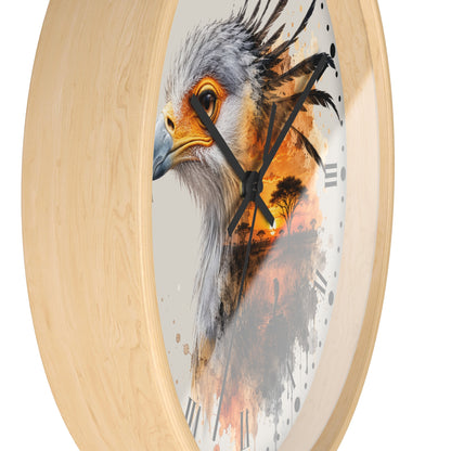 Round wall clock with a light natural wood frame and a printed face featuring a close-up bird illustration in gray, orange, yellow, and black tones.