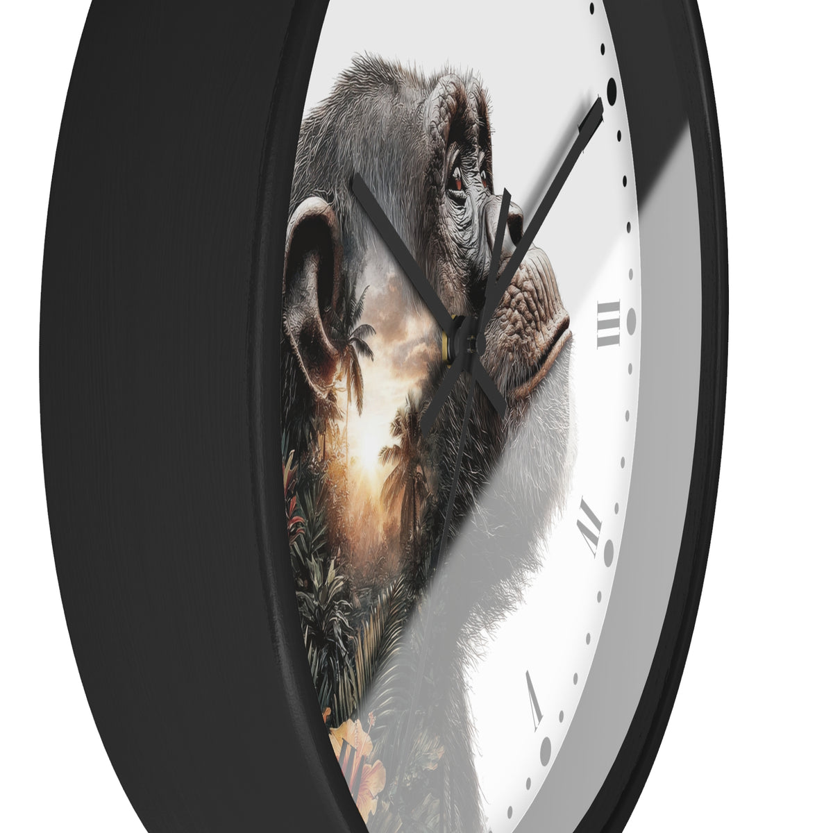 A close-up of a round wall clock with a black frame and a white face featuring a detailed chimpanzee portrait with a sunset landscape overlay.