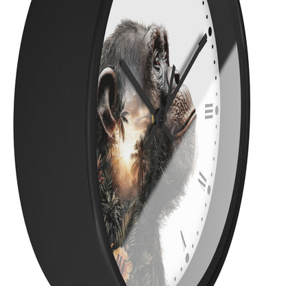 A close-up of a round wall clock with a black frame and a white face featuring a detailed chimpanzee portrait with a sunset landscape overlay.