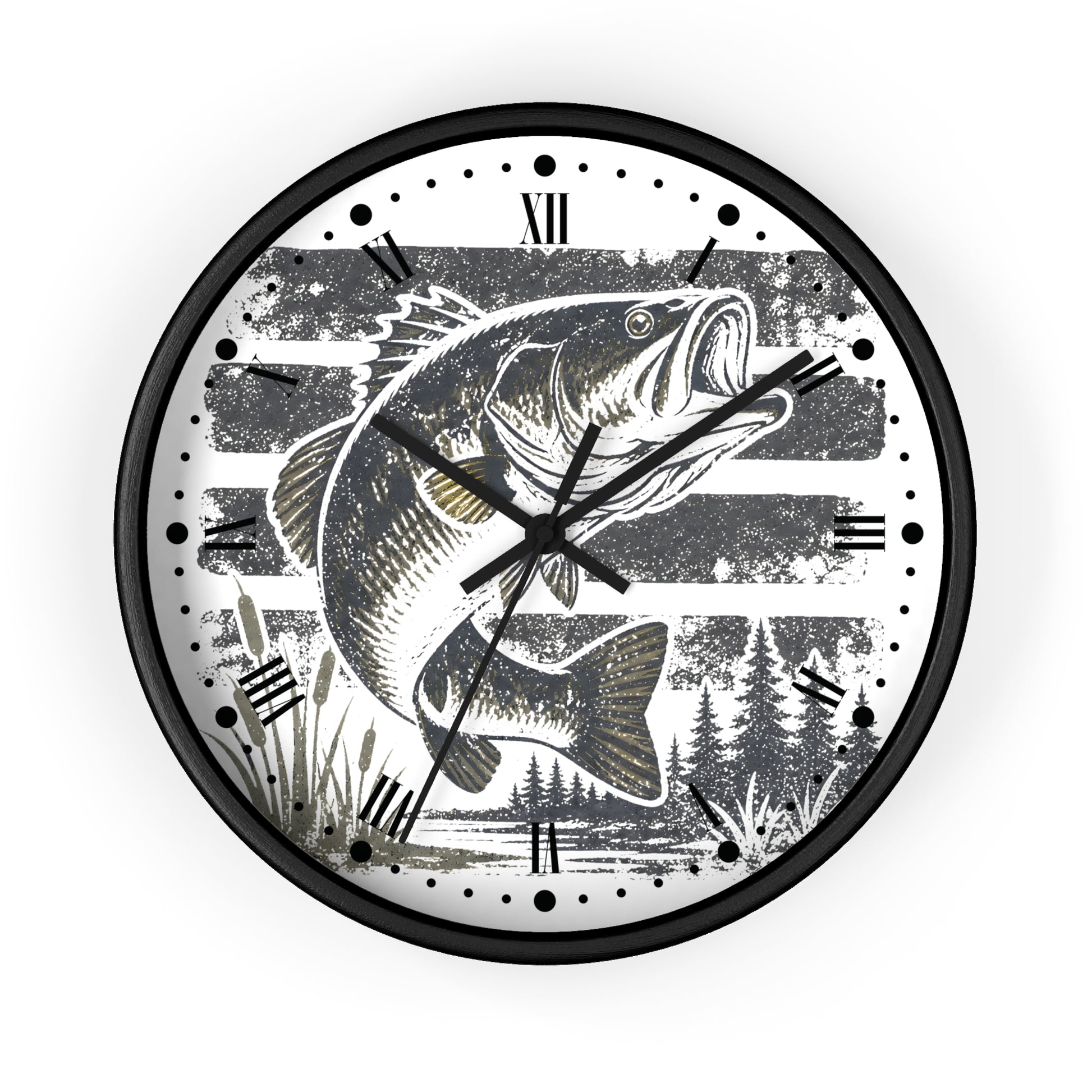 A round wall clock with a black frame and a white dial featuring a large black-and-gray illustrated fish over horizontal stripes, with Roman numerals and black hands.