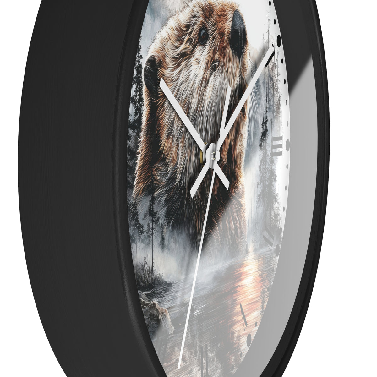 A round wall clock with a black frame and a printed nature scene on the face showing a beaver in a misty forest, photographed against a plain white background.