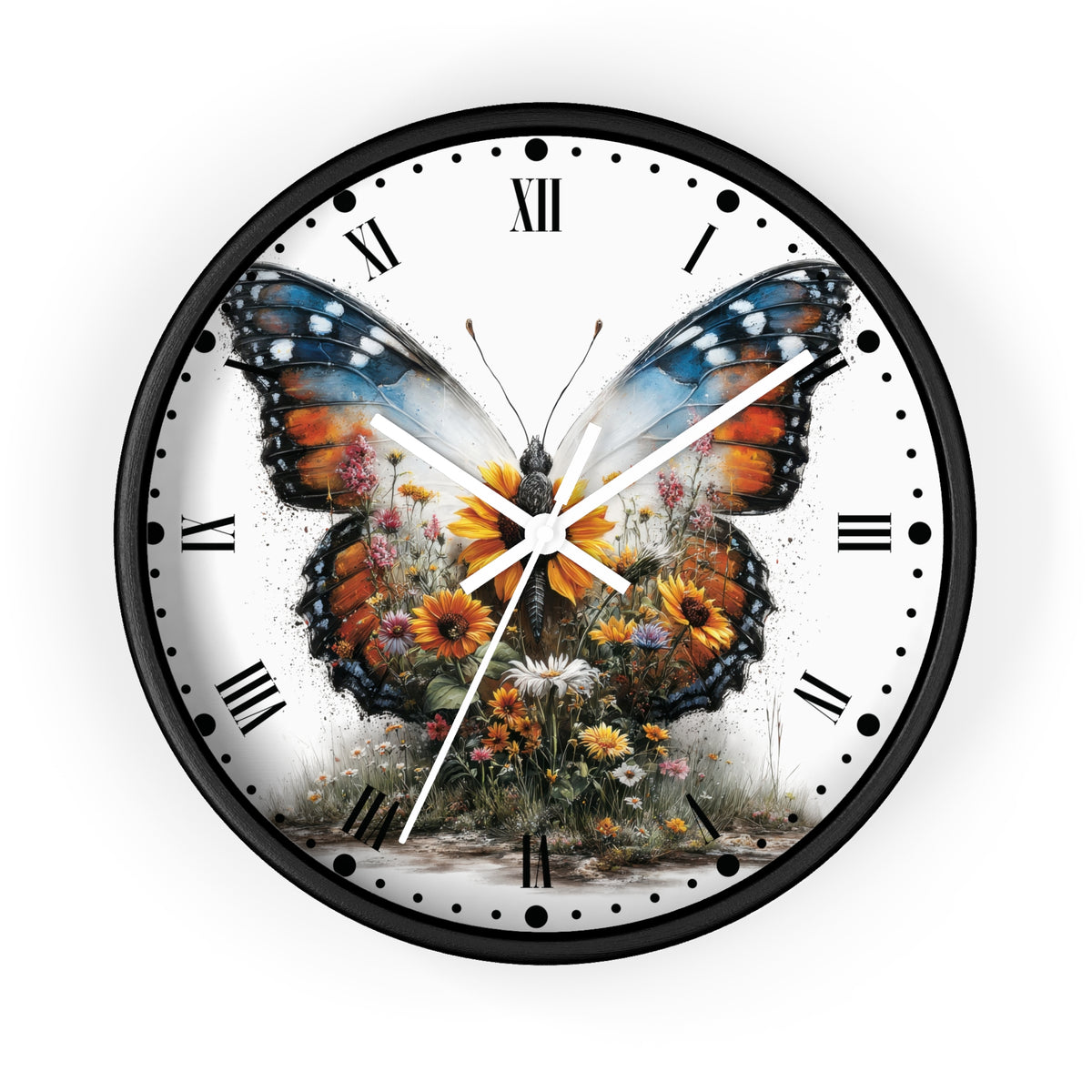 A round wall clock with a black frame and a white face, featuring a large colorful butterfly over a field of flowers. The clock has black Roman numerals and white hands, shown against a plain white background.