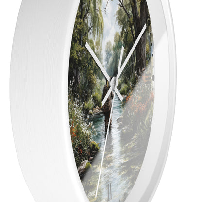 Round wall clock with a white frame and a printed nature scene of a person walking through a stream in the center, shown against a plain white background.