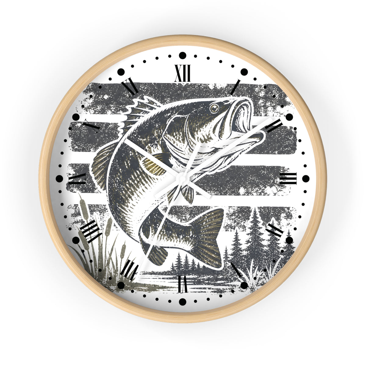 Round wall clock with a light natural wood frame, featuring a black and white graphic print of a largemouth bass fish jumping over water, with Roman numerals on a white face.