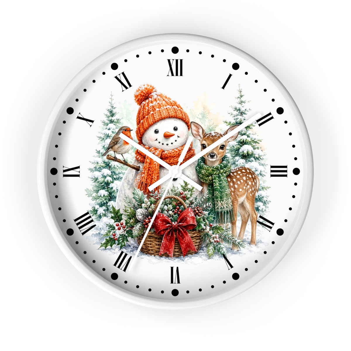 Snowman & Fawn Holiday Wall Clock — Festive Winter Deer Decor