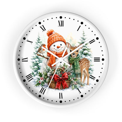 Snowman & Fawn Holiday Wall Clock — Festive Winter Deer Decor