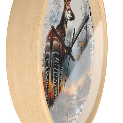 Round wall clock with a light natural wood frame and a printed center featuring a large antelope standing in a misty forest scene with black clock hands.