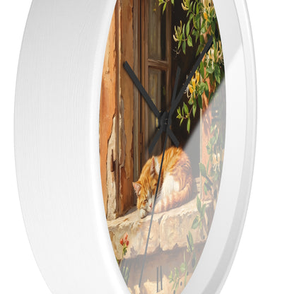 Sleeping Ginger Cat Wall Clock — Rustic Animal Home Decor