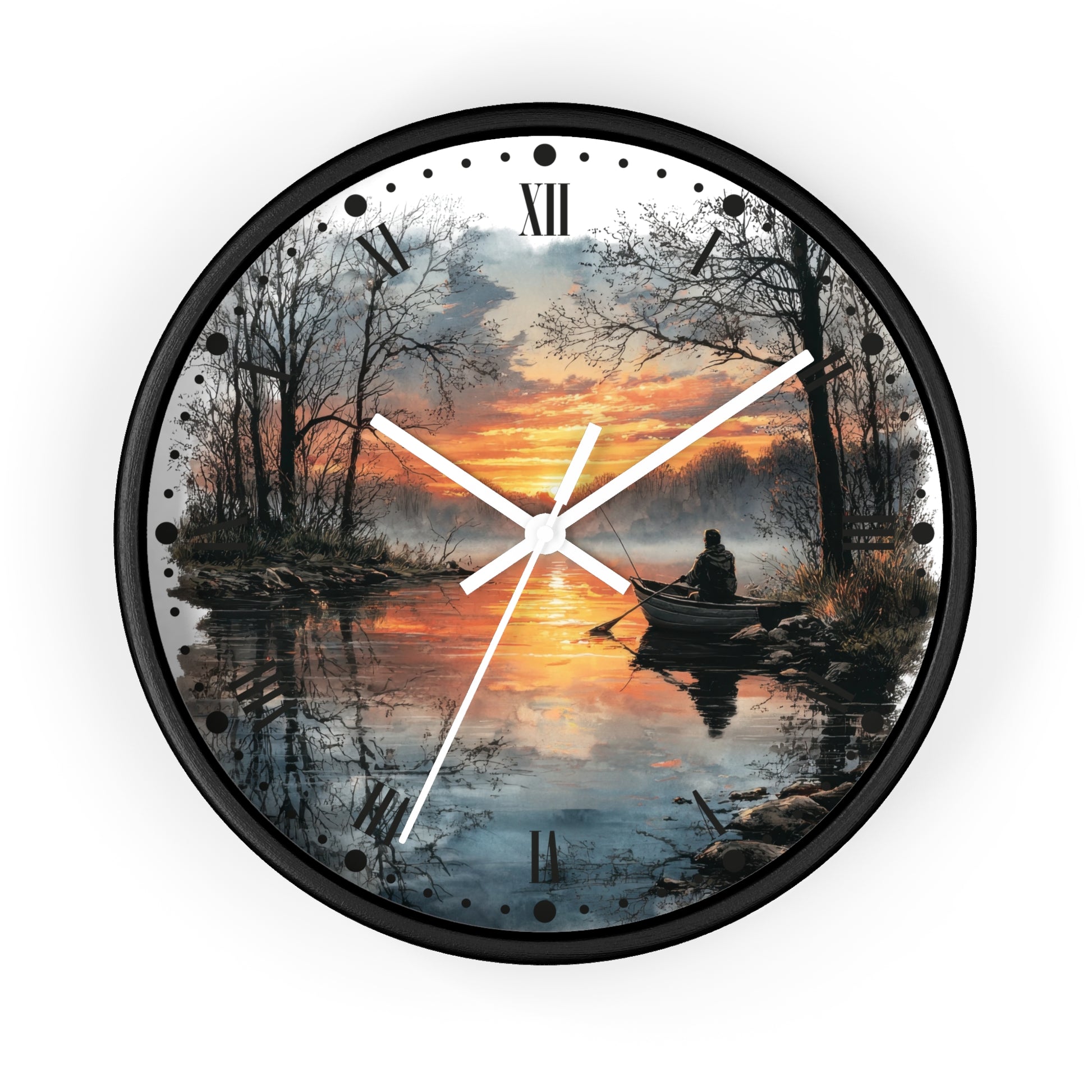 Round wall clock with a black frame and a scenic landscape print of a sunset over a lake, featuring a silhouetted figure in a boat and Roman numeral hour markers.