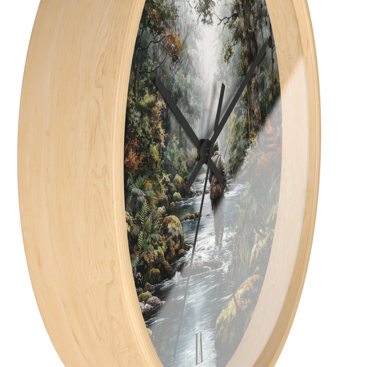 Round wall clock with a light natural wood frame and a printed scenic artwork of a forest stream and waterfall on the face, shown against a plain white background.