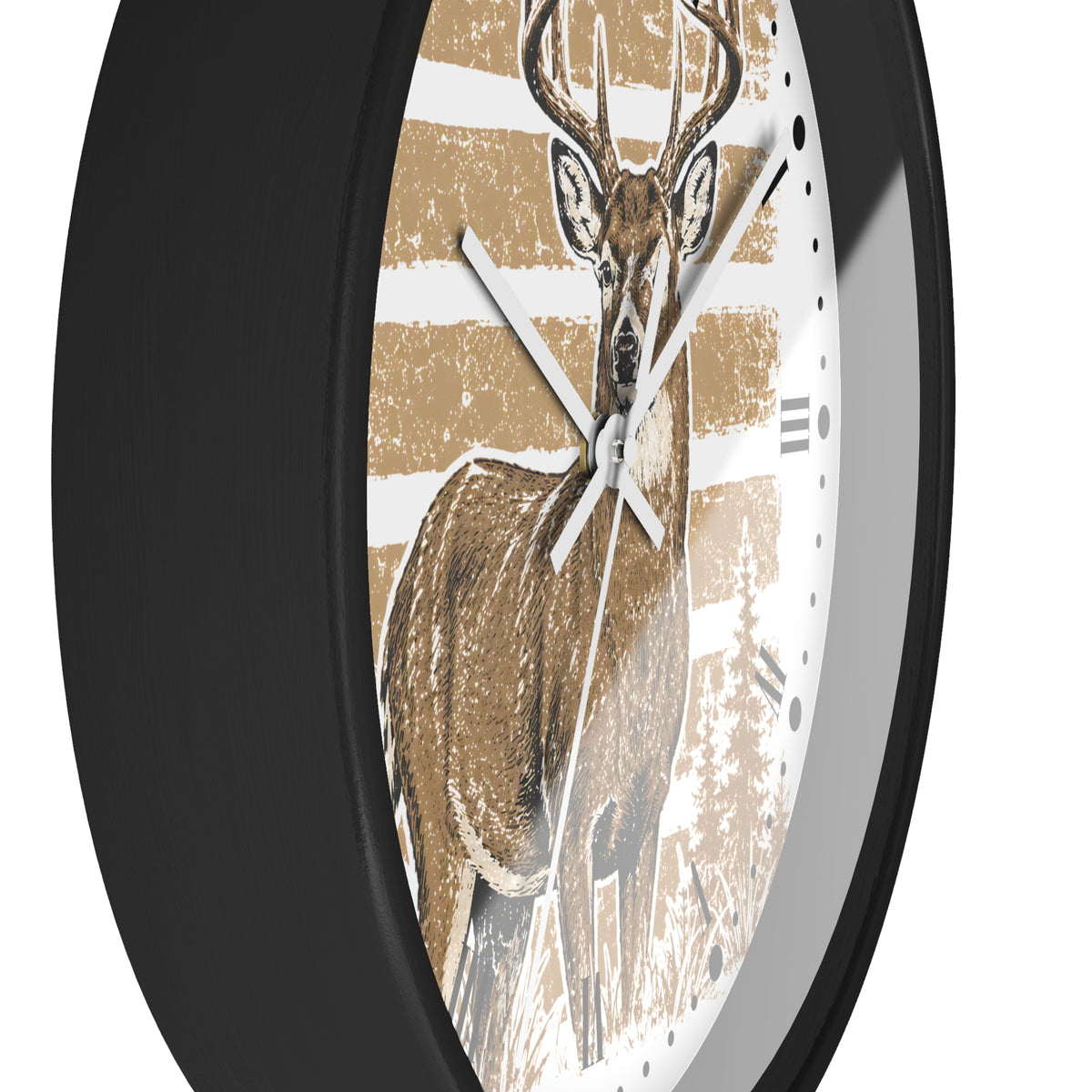 A close-up of a round wall clock with a black frame and a deer illustration on the face. The clock design features a tan and brown stag with a distressed beige and white striped background, and silver-toned hands.