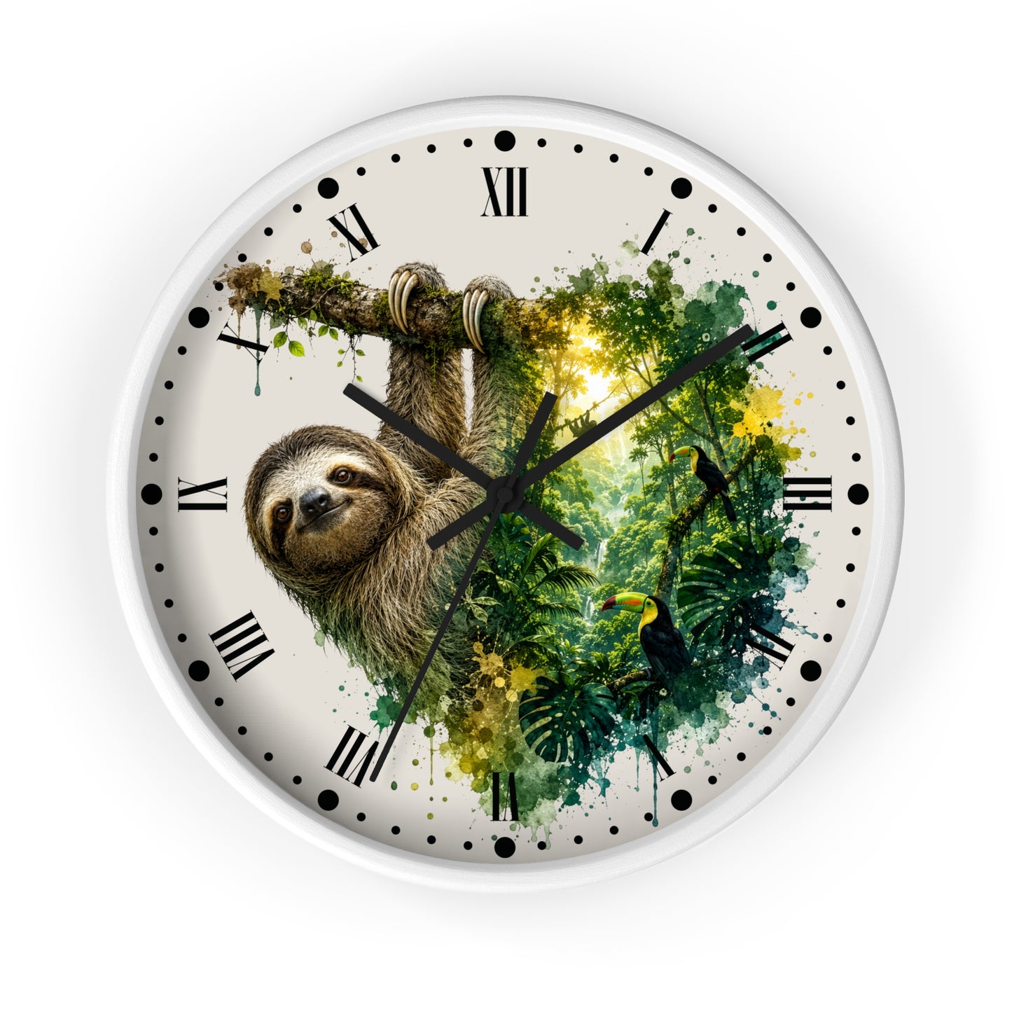 A round wall clock with a white frame and a tropical jungle-themed dial. The clock face features a sloth hanging from a branch on the left, a toucan on the lower right, and a green and yellow watercolor jungle scene.