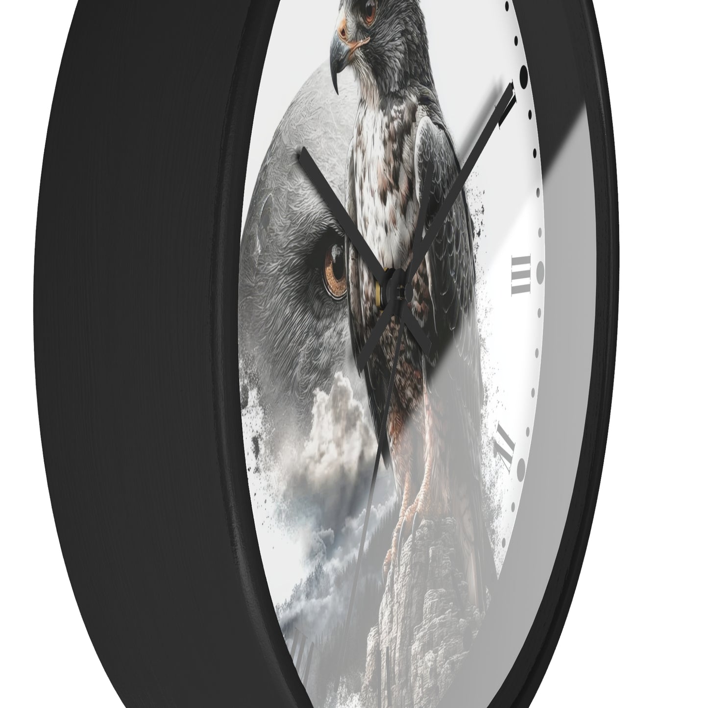 A round wall clock with a black frame and a white face featuring a detailed graphic print of a hawk and owl in grayscale and earthy tones.