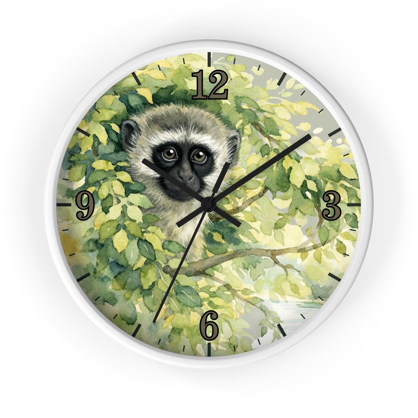 Round wall clock with a white frame and a printed illustration of a vervet monkey among green leaves, with black Arabic numerals and clock hands on a white background.