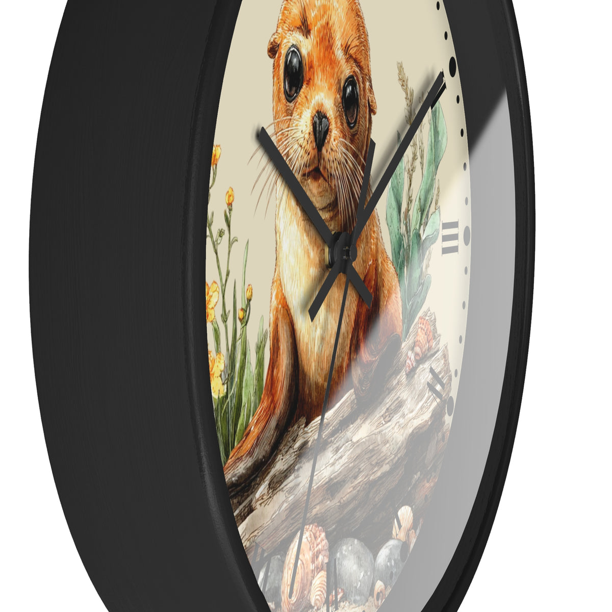 A round wall clock with a black frame and a printed illustration of a seal on the face, shown against a plain white background.