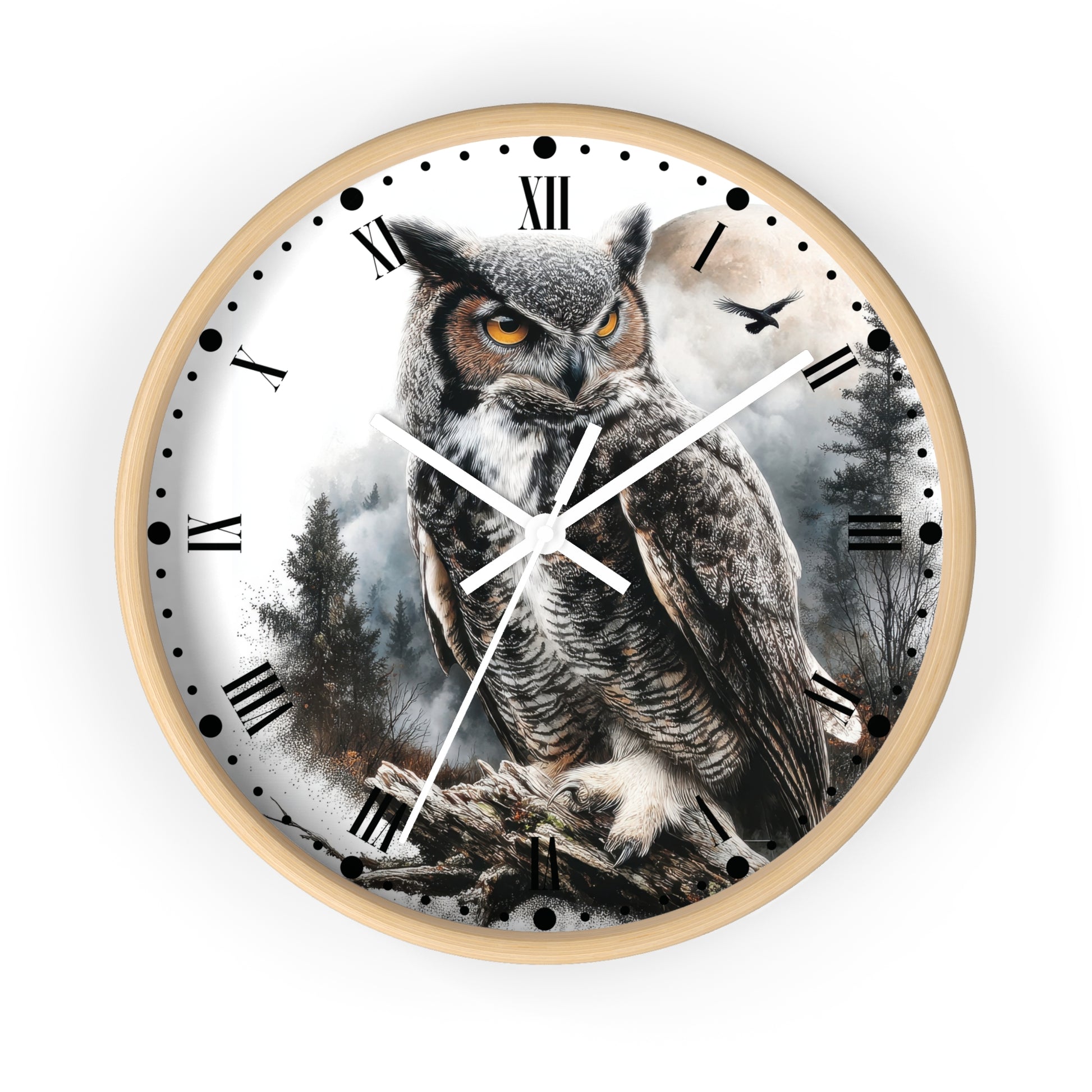 Round wall clock with a light wood frame and a printed owl scene on the face. The dial shows black Roman numerals, white clock hands, and a forest-and-owl artwork in gray, brown, black, and white tones.