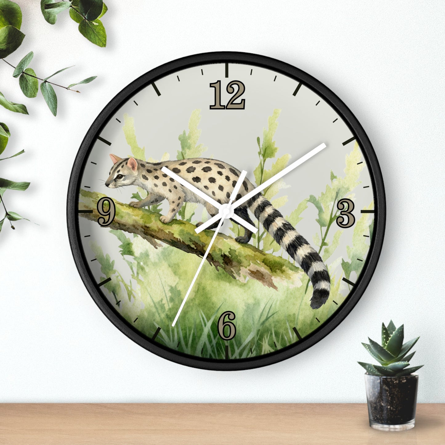 Watercolor Genet Cat Wall Clock - Safari Animal Decor
