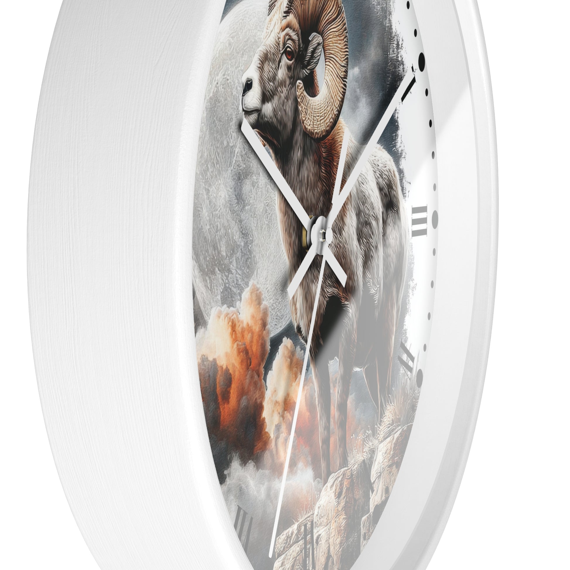 A white round wall clock with a printed ram illustration on the face, shown against a plain white background.