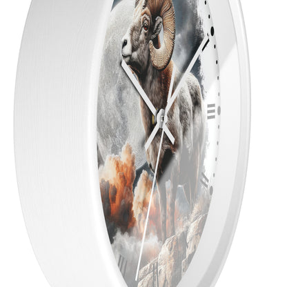 A white round wall clock with a printed ram illustration on the face, shown against a plain white background.