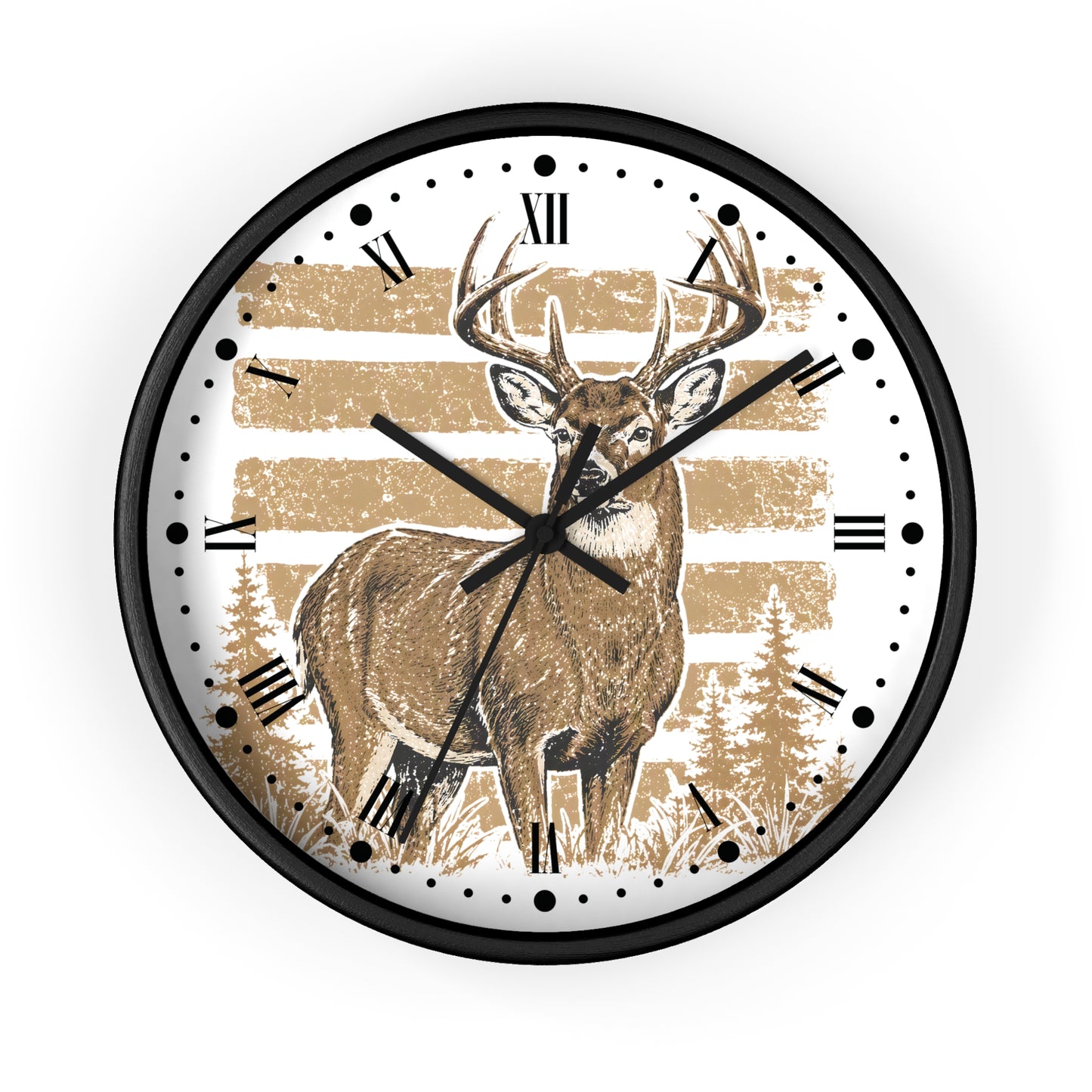 Round wall clock with a black frame and a white face featuring a large deer illustration, Roman numerals, and a distressed tan striped background.