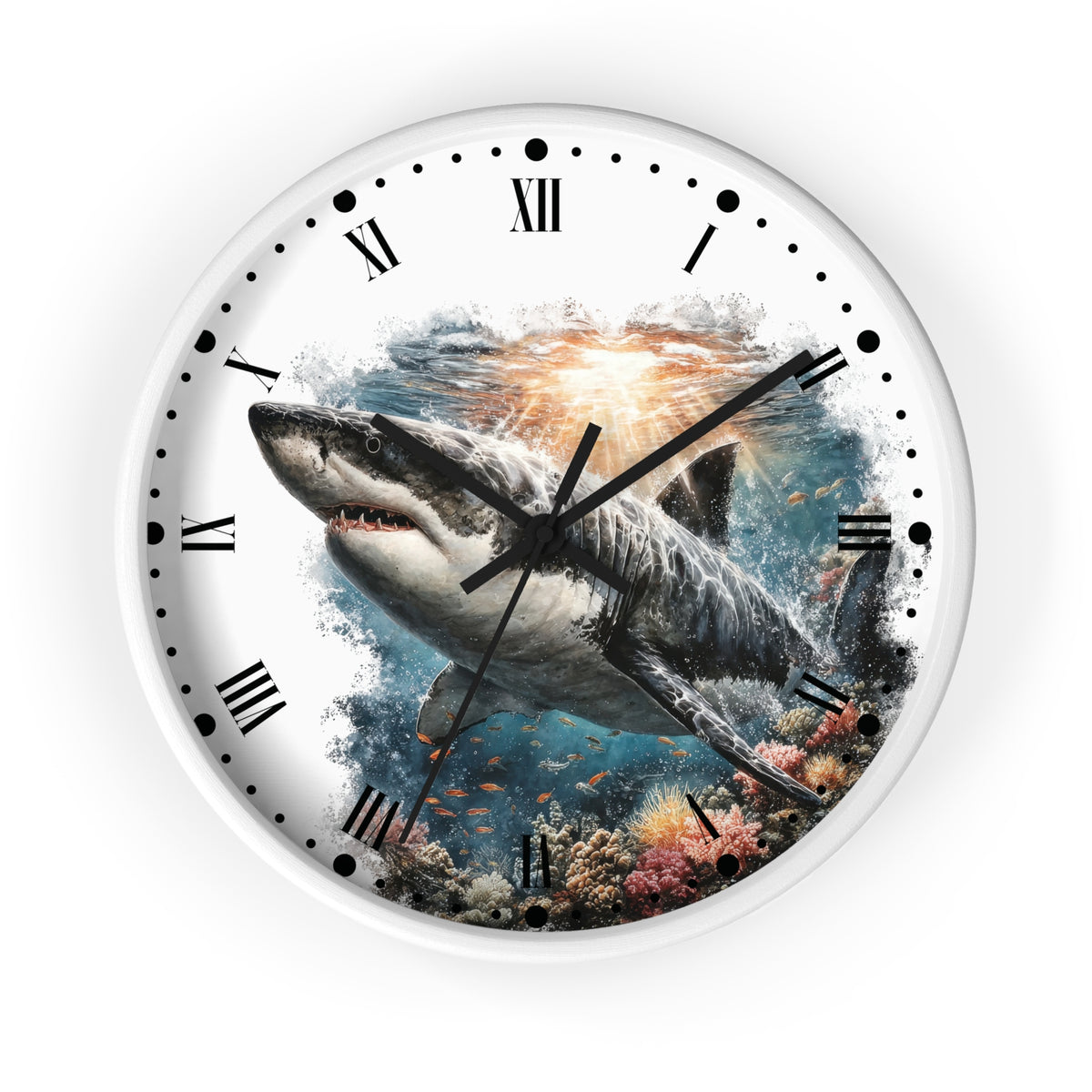A round wall clock with a white frame and a printed design of a great white shark swimming over an underwater coral reef, with Roman numerals on a white background.