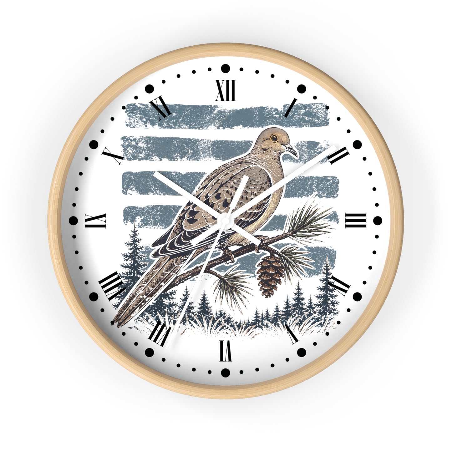 A round wall clock with a light natural wood frame and a white face featuring a detailed illustration of a brown dove bird perched on a pine branch, with blue-gray brushstroke stripes and a forest silhouette behind it.