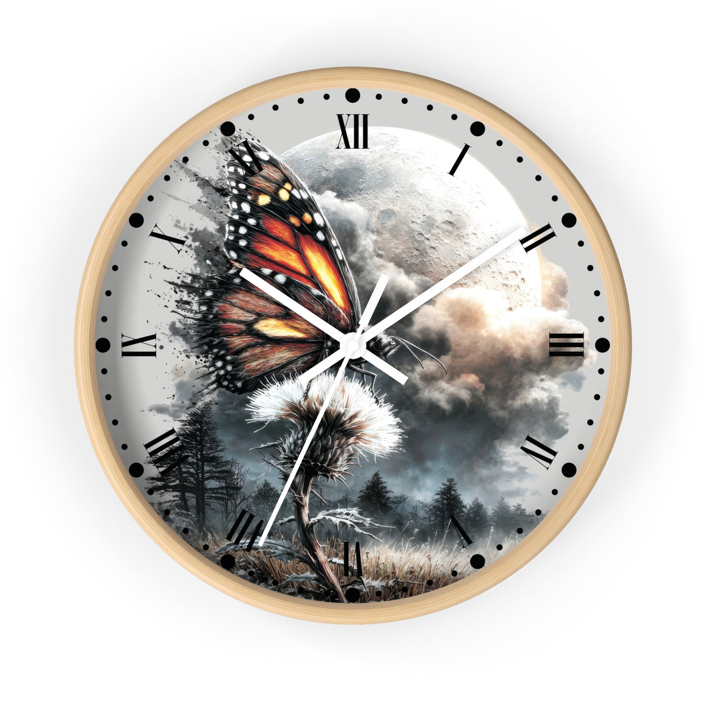 Round wall clock with a light wood frame and a printed dial featuring a large orange-and-black butterfly over a cloudy sky, moon, trees, and a dandelion, with black Roman numerals and hour markers.