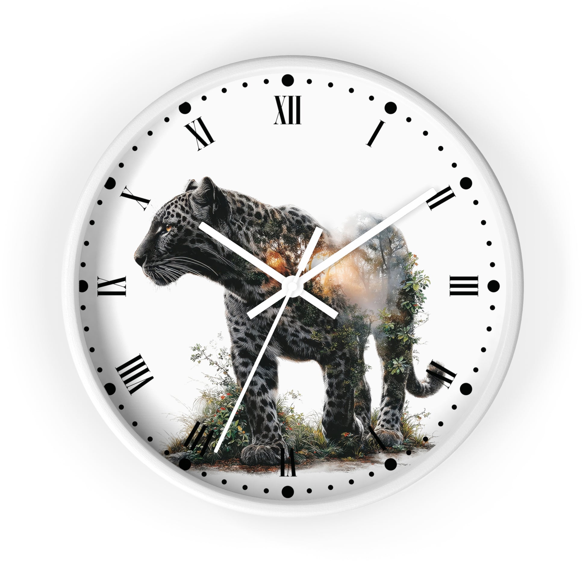 A round white wall clock with black Roman numerals and dot hour markers, featuring a printed graphic of a spotted big cat with a warm glowing light behind it on a white background.