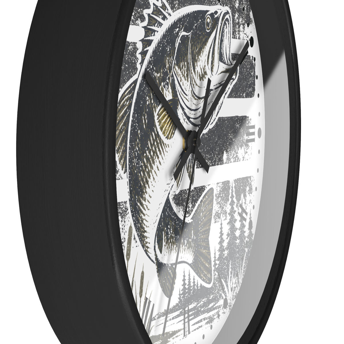 A close-up of a wall clock with a black frame and a white dial featuring a detailed black-and-gray wide mouth bass fish illustration with small gold accents.
