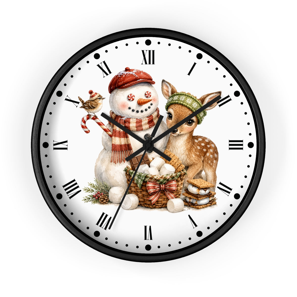 A round wall clock with a black frame and white face, featuring a winter illustration of a snowman in a red hat and scarf, a deer in a green hat, a bird, and a basket of eggs.
